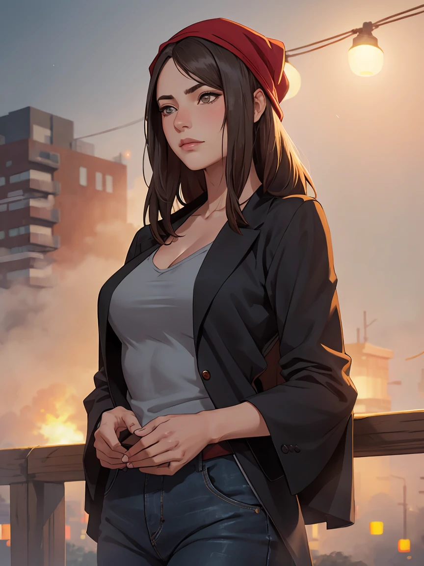 career woman, beautiful, and confident, dark long hair with red gebreide muts, seductiveness, atractive and sweet, looking down, Defocused Bokeh, flare, slightly tanned skin, cold and foggy in spring morning, photo --ar 1:2 --q 2