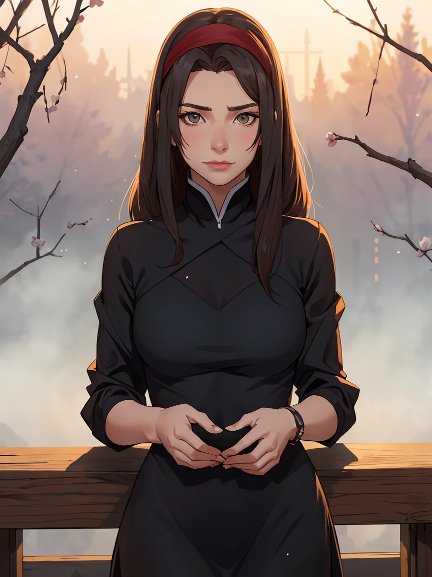career woman, beautiful, and confident, dark long hair with red gebreide muts, seductiveness, atractive and sweet, looking down, Defocused Bokeh, flare, slightly tanned skin, cold and foggy in spring morning, photo --ar 1:2 --q 2 