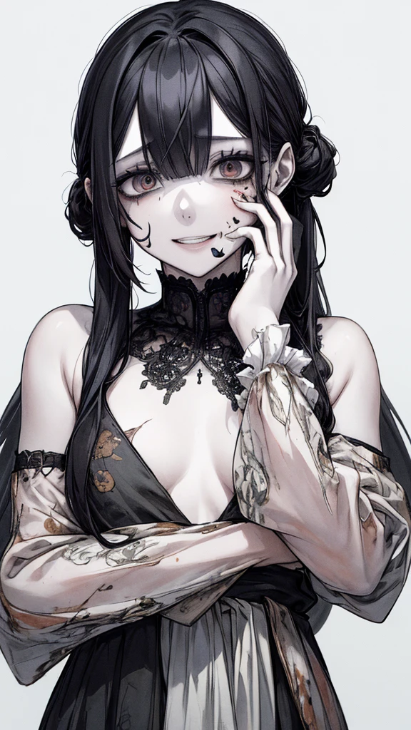 (masterpiece:1.2, Highest quality), (Actual Photos, Intricate details), (1 female, alone,whole body、 Small breasts) ,Scary atmosphere、Distorted facial expressions、Blood splatter、Cuts on the face、burns on the face、whole body、Punk Fashion、Long Hair、Long bangs、Twin tails、Black Hair、(((Dark circles under the eyes)))、Pale skin、Feeling unwell、Pathological、Wicked Smile、Crazy Eyes、(Grin)Dramatic makeup,Create mixed media art、White Background