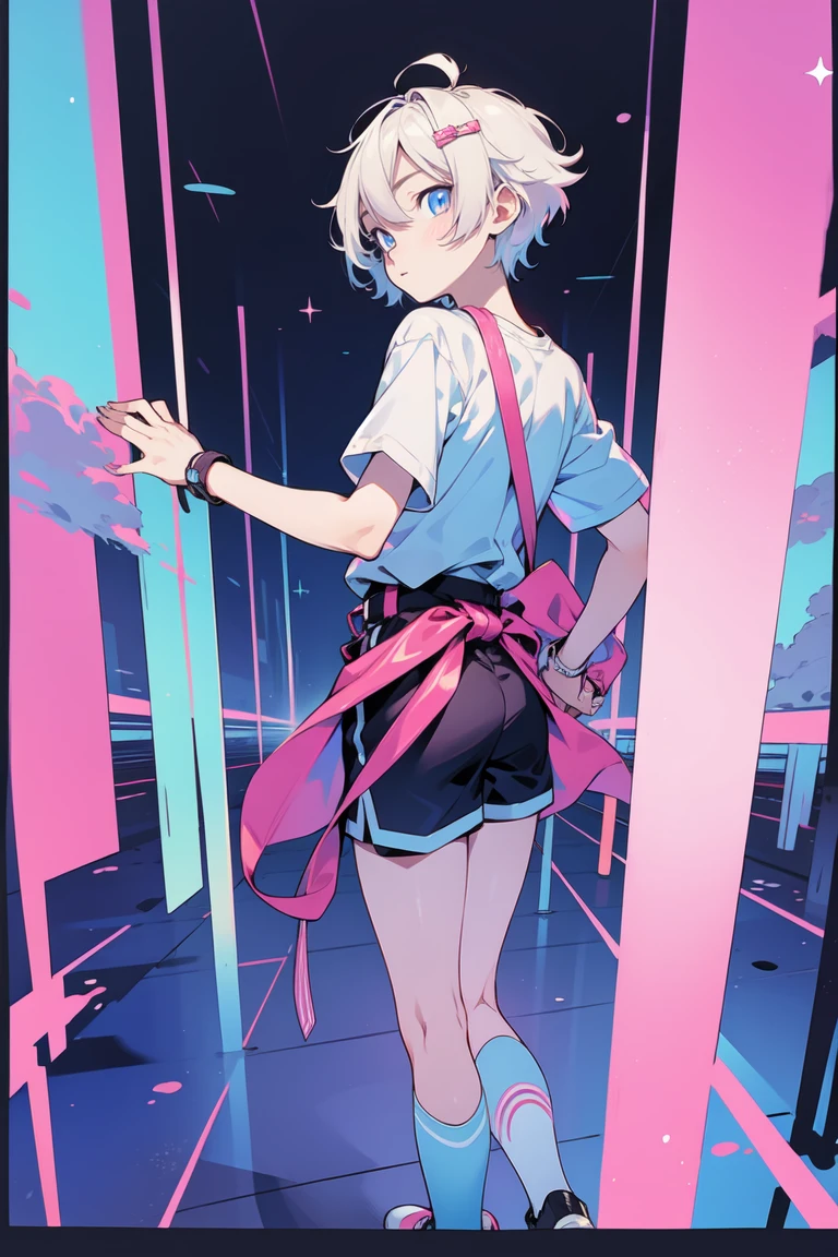 1 Solo boy, Anime Illustrations, Reference Table, turn around, boy, Anime style, role conception, 2D, Short sleeve shorts, Pink, Light blue, ，