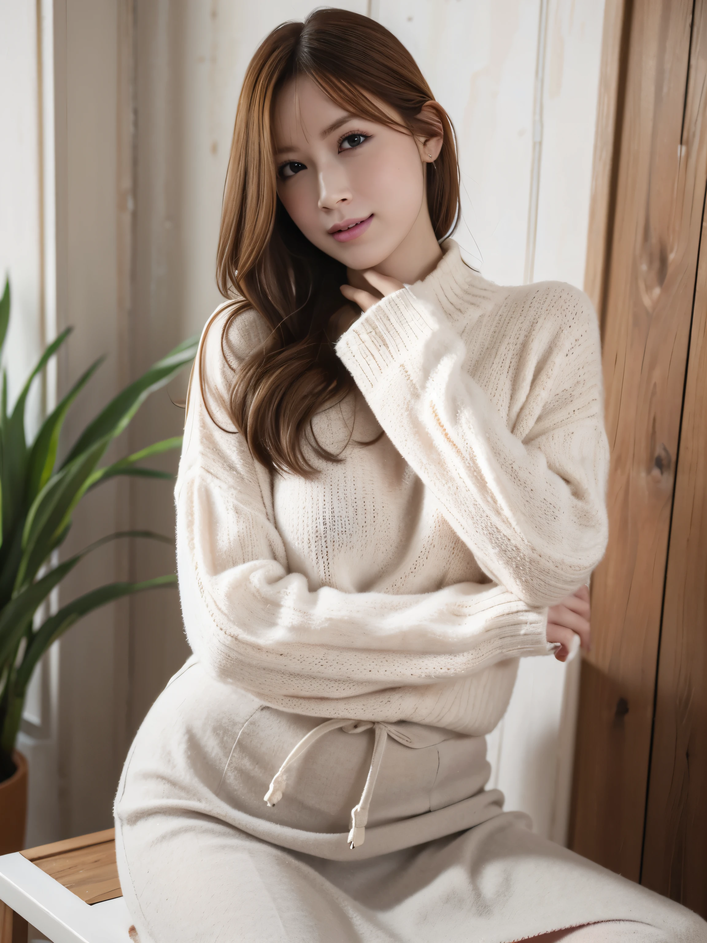 1woman, solo, close up, slender, (( sweater and long elegant shallw colored skirt)) ,((soft smiling)), (best quality,8k,highres,masterpiece:1.3), ultra-detailed, (realistic,photorealistic,photo-realistic:1.37), portrait, cinematic, warm lighting, medium format, golden hour, dramatic shadows, vibrant colors,(( at seaside area )), ((cute posing)),(( in Café))