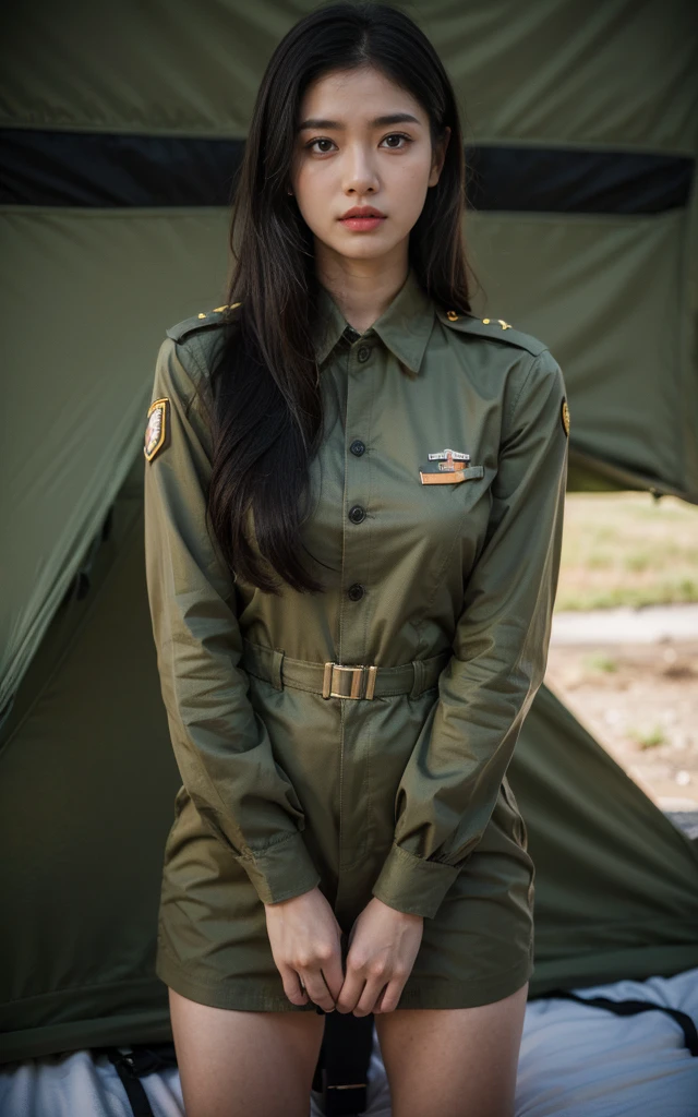 8K, best quality, Extremely detailed:1.37), Aliana, 18 years old, A beautiful Asian girl, Wearing the uniform with pride, Representing her role as a soldier. She was wearing a fitted olive green dress. High-resolution images capture ultra-detailed realism, highlighting Aliana's determined expression, Sharp eyes, and a confident attitude. The background shows a tent military base, Adds authenticity and meaning to the image. This visually striking representation showcases Aliana's strength and dedication as a soldier.