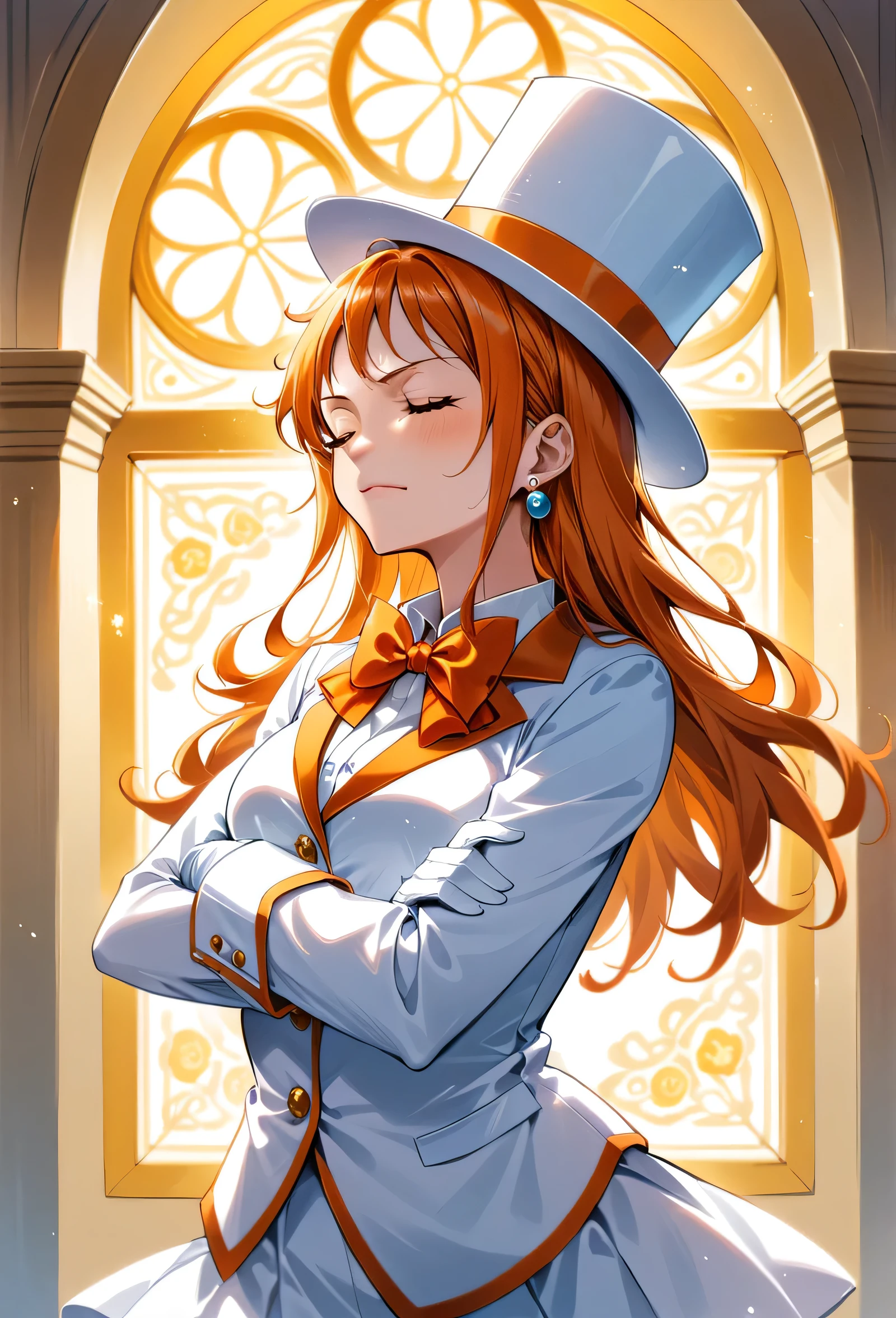 (best quality, hdr, high resolution) Solo, nami (one piece), long hair, (((oversized white top hat with orange trim))), ((a white suit with orange trim, white tuxedo shirt with ruffles, long sleeved , large orange bowtie)), ((white miniskirt with orange trim)), white gloves, orange high heels, earrings, ((irritated, ladylike, graceful)), ((dapper)), (arms crossed), (head looking up and tilted left, chin out), in a yellow hallway with floral etchings and ornate windows,, eyes closed (proper pose), side shot