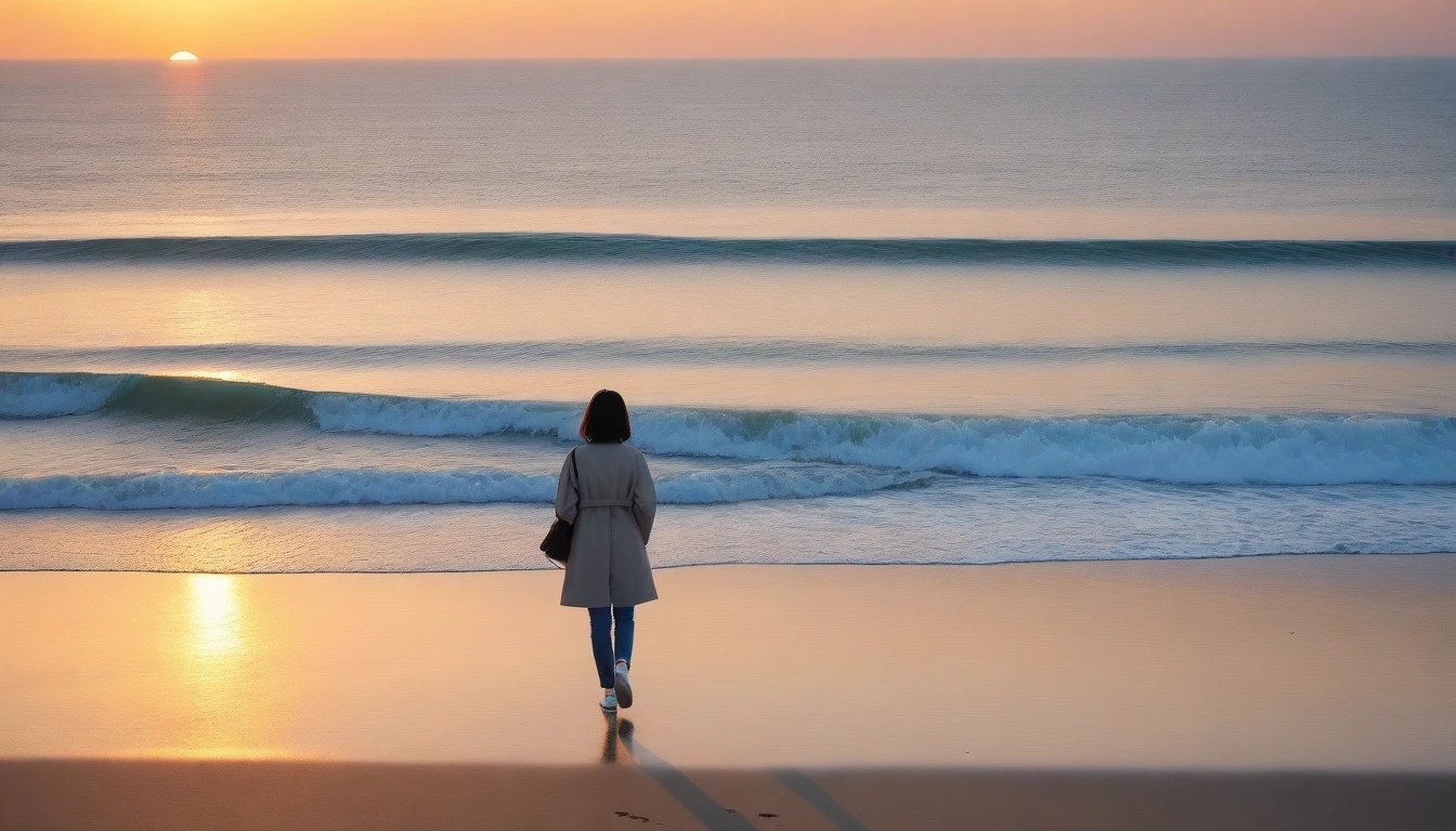 8K, Vivid picture quality, desolate long beach, A lonely walk on the beach in the distance, short hair woman, red light of sunset, alone, afternoon, depressed, tide가 밀려온다, ocean, tide, wind, short korean woman, 잔잔한 tide, Perfect photos with vivid image quality, wearing a casual jacket and jeans, Holding my shoes in my hands. Full body shot from a distance with Canon Camera 16-35 wide angle lens.
