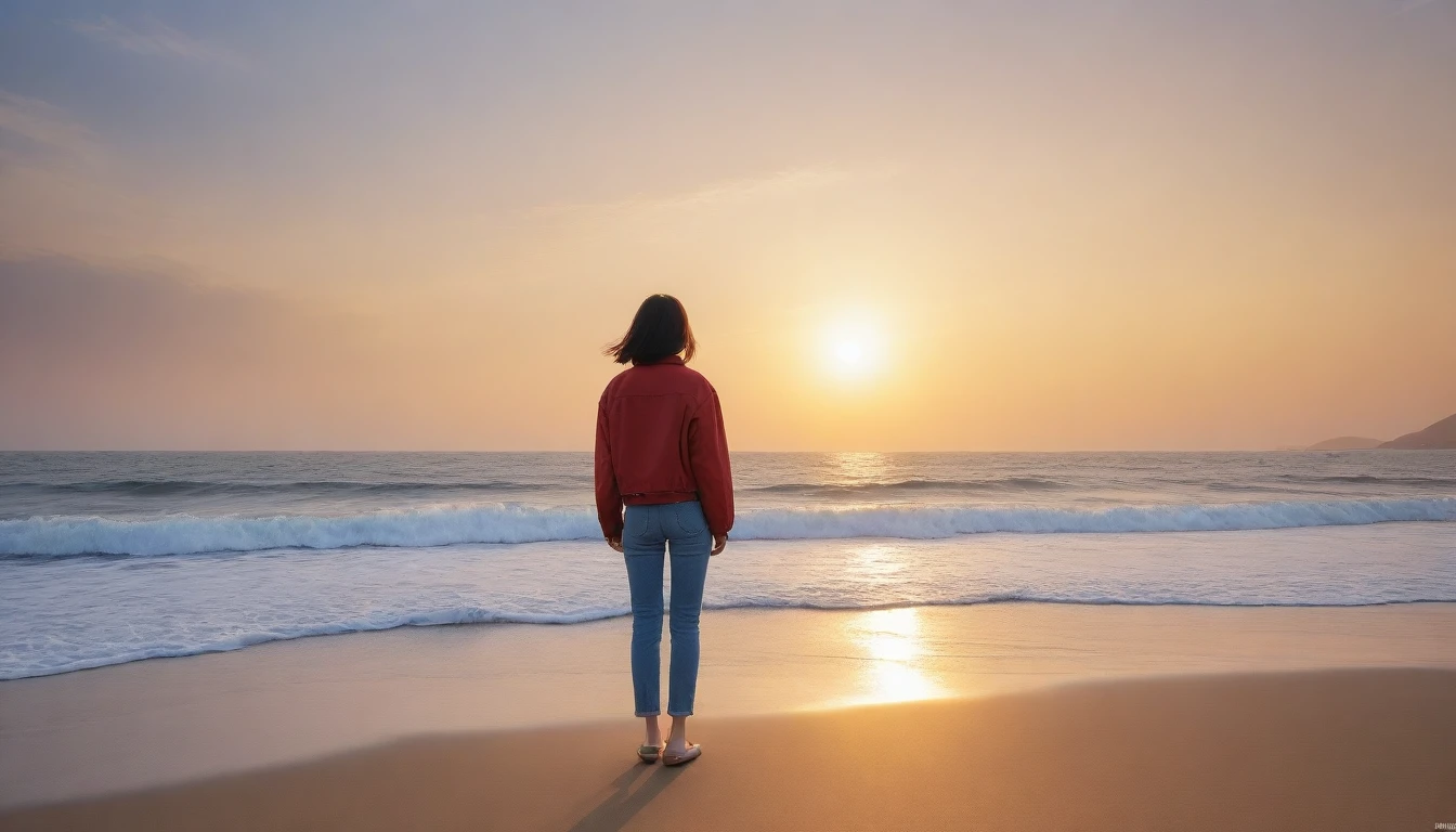8K, Vivid picture quality, desolate long beach, A walk on the beach in the distance, short hair woman, red light of sunset, alone, afternoon, depressed, tide가 밀려온다, ocean, tide, wind, short korean woman, 잔잔한 tide, Perfect photos with vivid image quality, wearing a casual jacket and jeans, Holding my shoes in my hands. Full body shot from a distance with Canon Camera 16-35 wide angle lens.
