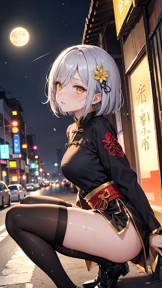 Young girl , short silver bob hair, hair flower, sharp bangs between the eyes, yellow eyes, eyes large, provocative look, obscene expression, notable physical features, traditional chinese imperial clothes black with gold details, red skirt, black thigh high socks. half-sided angle, crouched in the street, lumbar angle, 90 degree body angle. japanese city, outdoor city, city at night, with full moon in the background, light reflecting on the sexy and swe body. (((sweat))) (work of art:1.2,) (best qualityer.)