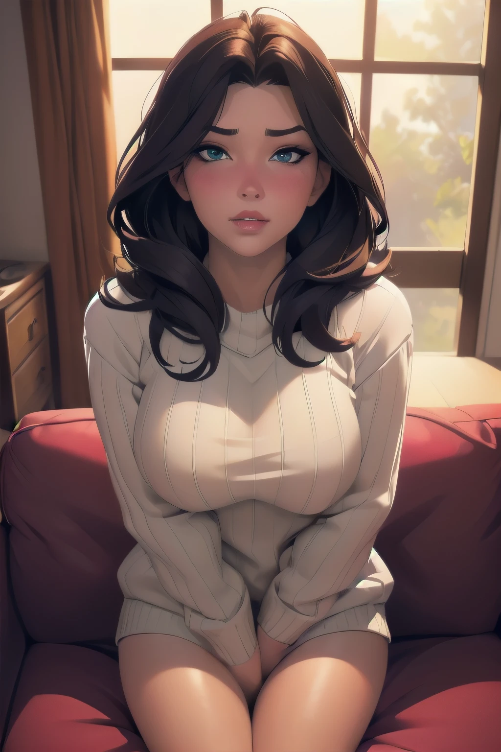 Sexy woman, perfect hair, amazing makeup, seductive gaze, blushing intensely, ready to kiss, long oversized sweater, sitting comfortably on couch, window, natural light beaming through window, beautiful face, seductively gazing at us, very seductively provocative