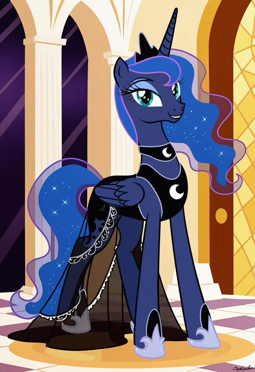 Pony . Black see trough dress with black choker, Princess Luna smiling 