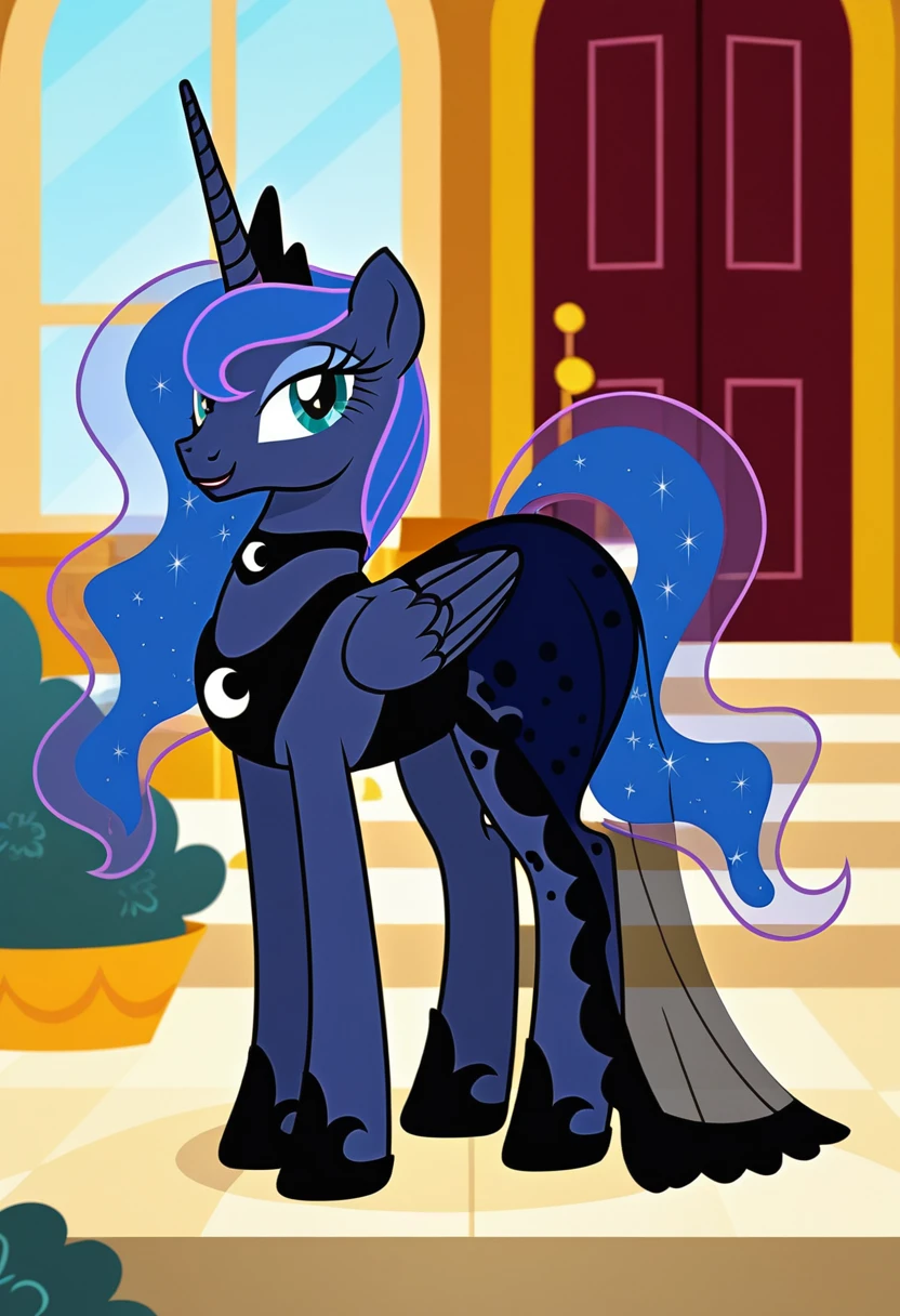 Pony . Black see trough dress with black choker, Princess Luna smiling