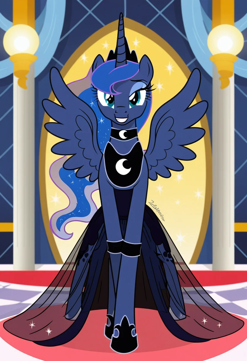 Pony . Black see trough dress with black choker, Princess Luna smiling