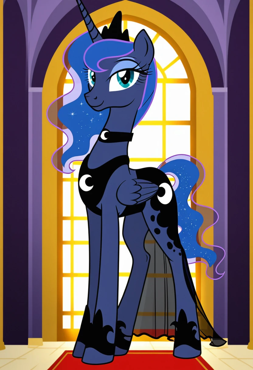Pony . Black see trough dress with black choker, Princess Luna smiling