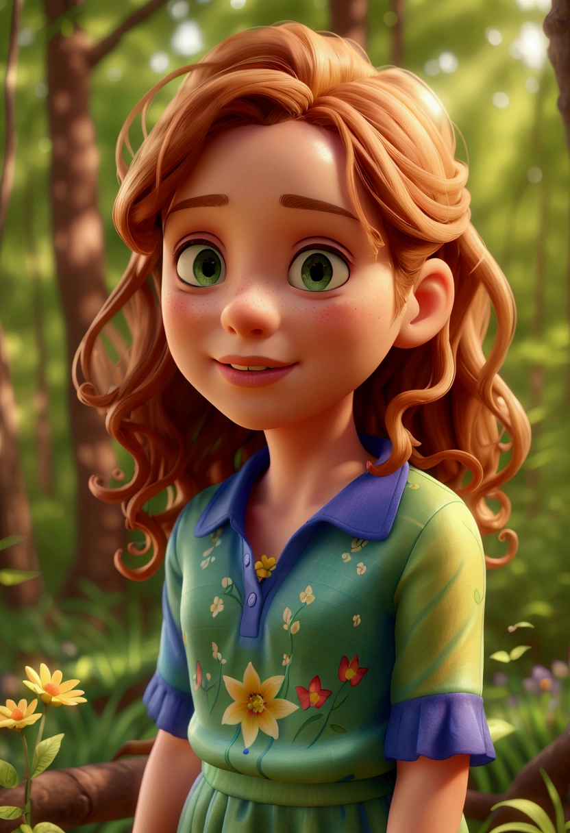 a curious with golden curly hair, forest, sunny morning, blue dress with colorful flower patterns, sunlight filtering through the trees, dappled light, wildflowers in the meadow, birds singing, butterflies fluttering, (best quality,4k,8k,highres,masterpiece:1.2),ultra-detailed,(realistic,photorealistic,photo-realistic:1.37),detailed facial features, intricately detailed clothing, lush green foliage, warm natural lighting, vibrant colors, idyllic pastoral scene, serene and tranquil atmosphere, digital painting, highly detailed, soft focus, studio lighting
