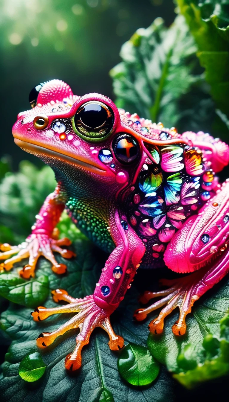 A vivid and bright image of a pink colored frog. The frog is small and bulbous with shiny, moist skin reflecting the light. Its eyes are large and round, with a magical glow. On its back, there are varied patterns of darker pink. The frog sits on a lush green leaf in the heart of a tropical rainforest, surrounded by diverse vegetation and underbrush. Its vibrant color starkly contrasts with the deep greens of the nature surrounding it. This tiny creature seems perfectly adapted to its environment, yet still stands out due to its unusual coloration.