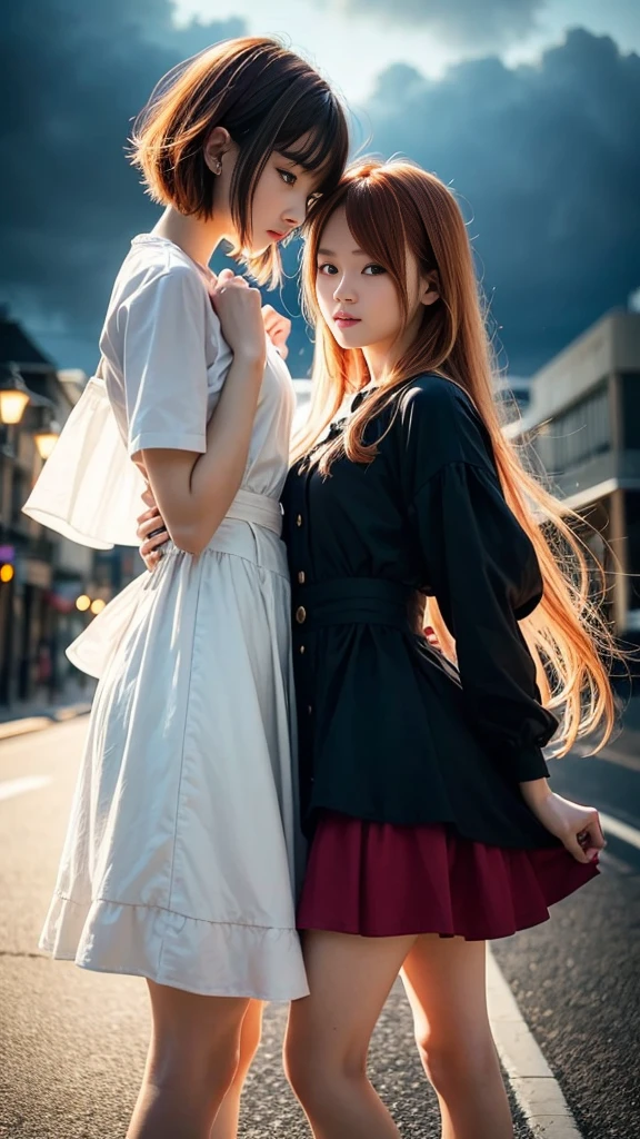 (Natural strawberry blonde and redhead girls with pretty faces), Cute pose, wearing a button dress, Atmospheric, Dark atmosphere, Edge lighting, Sayaka Yamamoto, Saito Asuka, Mao Akiyama's facial features, 8K, Full 体 portrait, Elegant outfit, Natural light, Spooky greenhouse at night, Sharp focus, (Highly detailed eyes and face:1.2, Professional photography techniques), (Beautiful small face, beautiful girl, high , Idol Face, Baby Face:1.4)Happy, K UHD, Beautiful and soft skin, Vibrant Skin, blush, (Chirarizum:1.3, Unbutton the dress:1.5), ((Beautiful breasts:1.3, Cleavage)), (Small beautiful butt), (Detailed hands:1.1, The optimal ratio is four fingers to one thumb), Perfect proportions, (Perfect Anatomy:1.3), (Highest quality, Masterpiece, Highest quality, Ultra high definition, Photorealism:1.4), ((Kiss on the chest:1.4)), (Beautiful hair blowing in the wind:1.4)