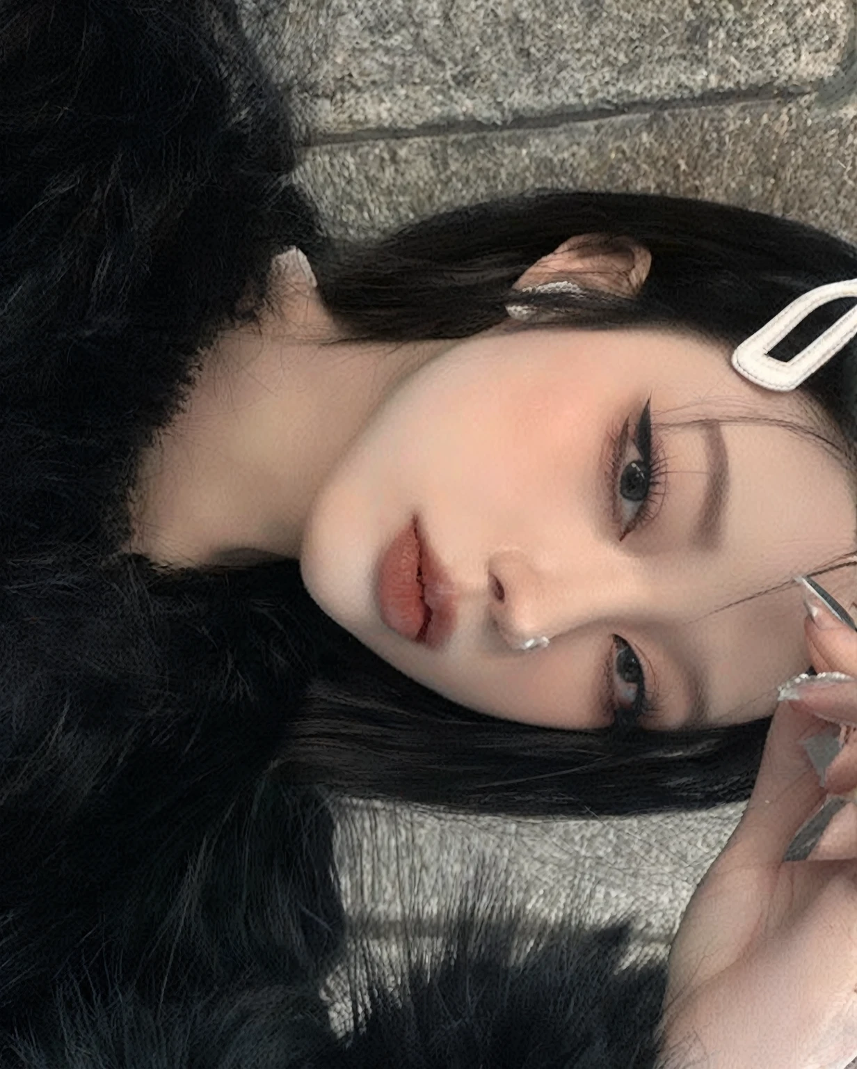 there is a woman with scissors in her hand, pale, snow-white skin, ulzzang, clear and high-quality lips, cruel korean gothic girl, 8k)), gothic girl aesthetic, pale gothic beauty, beautiful aesthetic face, pale porcelain white skin, black hair and big eyes, aesthetic portrait, with long hair and piercing eyes, beautiful pale makeup