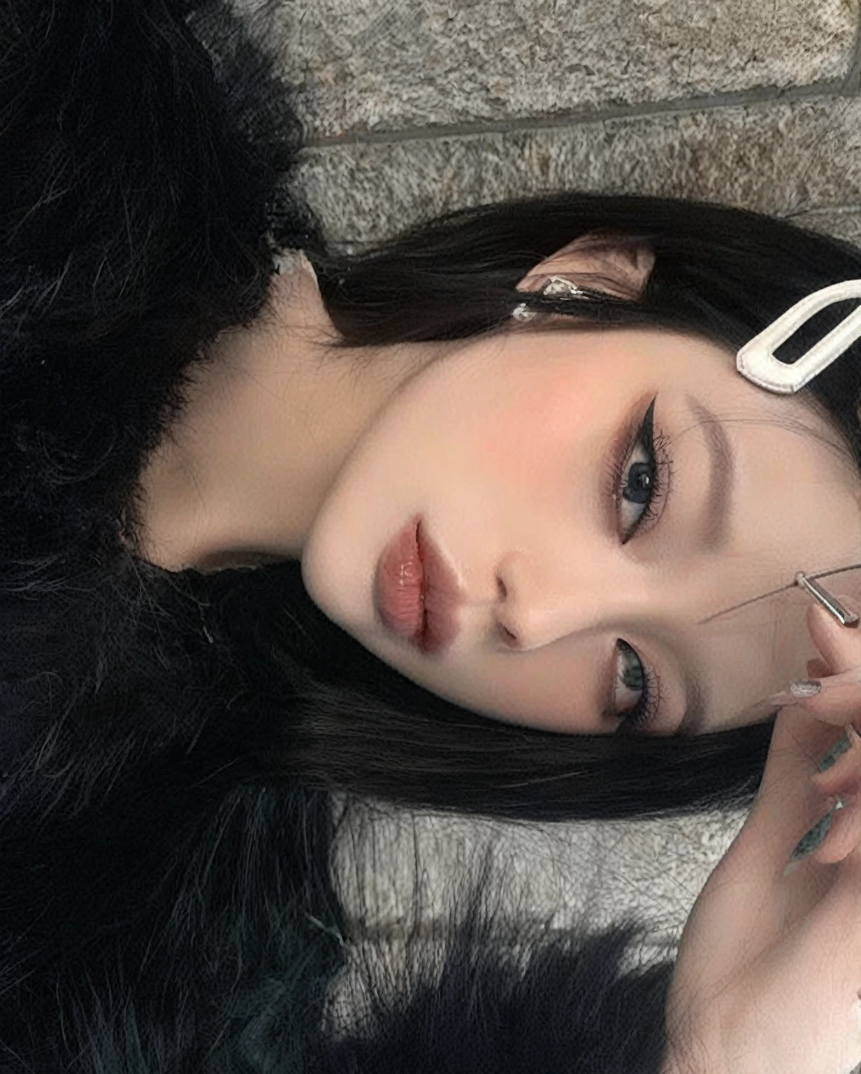 there is a woman with scissors in her hand, pale, snow-white skin, ulzzang, clear and high-quality lips, cruel korean gothic girl, 8k)), gothic girl aesthetic, pale gothic beauty, beautiful aesthetic face, pale porcelain white skin, black hair and big eyes, aesthetic portrait, with long hair and piercing eyes, beautiful pale makeup