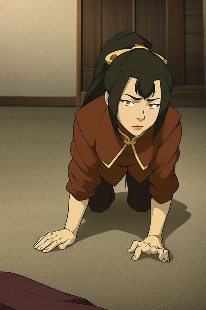 AnaxusStyle, 1girl, azula, ((all fours,crawling) , looking at viewer, indoors, bedroom, sexy , long hair, ponytail, topknot