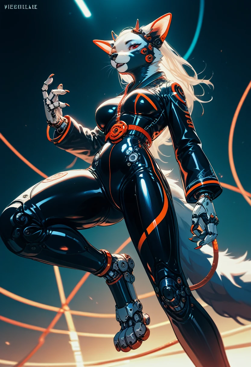 highest quallity, highest quallity, high quality illustrations, work of art, ultra-high resolution, detailed back ground, cyber-, absurdrez, Perfect Anatomia, Performace, good lighting, Shadows in films(kimono, Furry Personification), rubber suit, latex, neon, neonライト, neonカラー, mechanical suit, cyber-パンク, juvenile