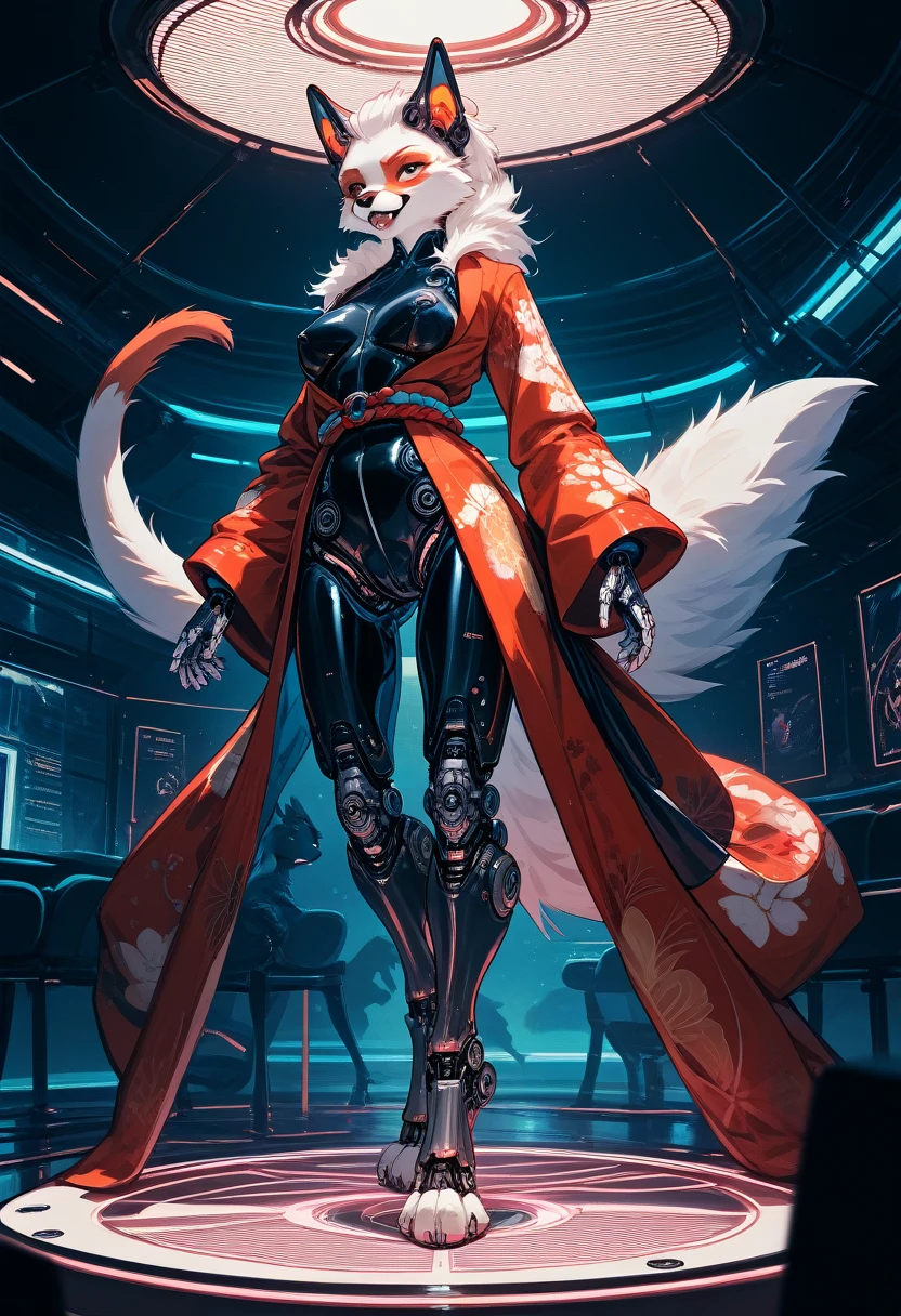 highest quallity, highest quallity, high quality illustrations, work of art, ultra-high resolution, detailed back ground, cyber-, absurdrez, Perfect Anatomia, Performace, good lighting, Shadows in films(kimono, Furry Personification), rubber suit, latex, neon, neonライト, neonカラー, mechanical suit, cyber-パンク, juvenile