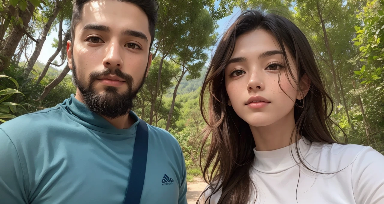 Vibrant forest scene, colorful trees in varied hues, deep blue sea backdrop, a loving couple in their twenties, young woman with sandy brown hair, bluish-gray eyes, short stature, delicate freckles, young man with short dark black hair, long black fish beard, Middle Eastern features, wheat complexion, dark brown eyes, athletic build, romantic expressions, lush greenery, rich blue sea, detailed natural setting, warm and inviting ambiance, genuine emotions, digital painting, high resolution, bright and vibrant color palette, soft natural lighting.