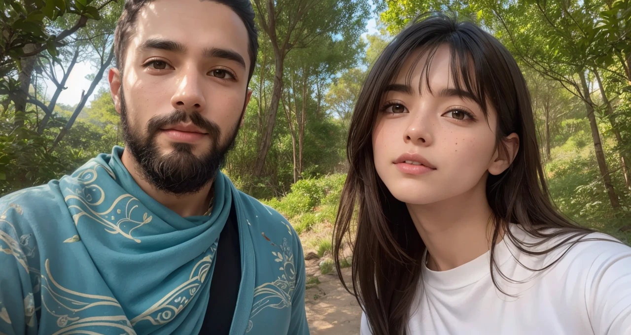 Vibrant forest scene, colorful trees in varied hues, deep blue sea backdrop, a loving couple in their twenties, young woman with sandy brown hair, bluish-gray eyes, short stature, delicate freckles, young man with short dark black hair, long black fish beard, Middle Eastern features, wheat complexion, dark brown eyes, athletic build, romantic expressions, lush greenery, rich blue sea, detailed natural setting, warm and inviting ambiance, genuine emotions, digital painting, high resolution, bright and vibrant color palette, soft natural lighting.
