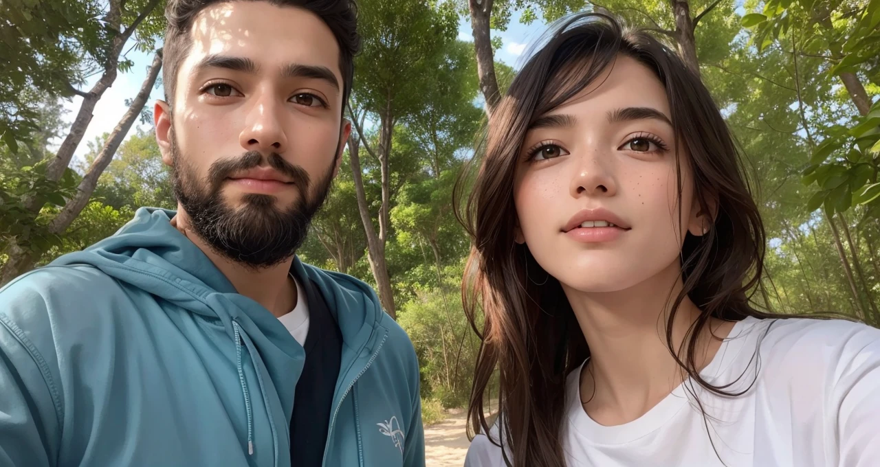 Vibrant forest scene, colorful trees in varied hues, deep blue sea backdrop, a loving couple in their twenties, young woman with sandy brown hair, bluish-gray eyes, short stature, delicate freckles, young man with short dark black hair, long black fish beard, Middle Eastern features, wheat complexion, dark brown eyes, athletic build, romantic expressions, lush greenery, rich blue sea, detailed natural setting, warm and inviting ambiance, genuine emotions, digital painting, high resolution, bright and vibrant color palette, soft natural lighting.