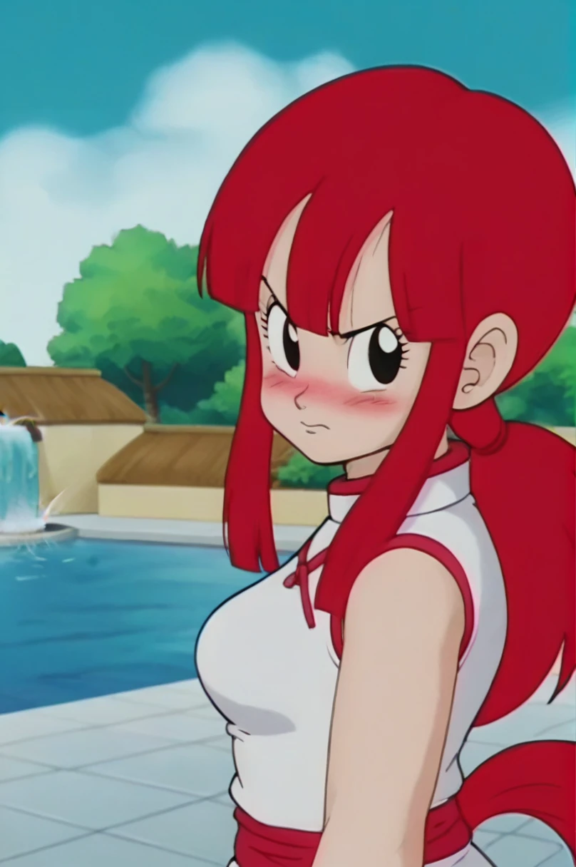 fountain_cheered up, score_9, score_8_above, score_7_above, cheered up screencap,8k, absurdities, 
Who, 1 girl, Alone, wide, medium breasts, looking at the viewer, blush, hits, black fur, medium senos, aboveper body, Horse tail, Side locks, outdoor, sky, sleeveless, day, cloud, black eyes, blue sky, bare arms, eyelashes, sleeveless dress, cloudy sky, (arched eyebrows), world martial arts tournament arena, mountain, blush, sexy ass,
 