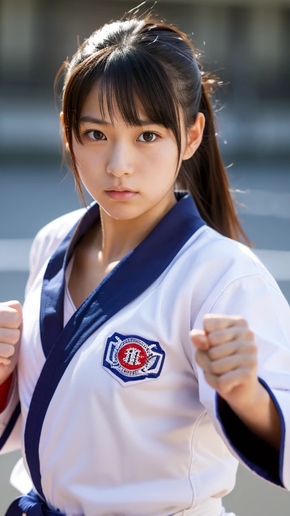 女性karate,Battle ready pose, in a karate道場ring, she is ready to fight, take a fighting pose, fighter jet pose, karate, karate match, young japanese woman, japanese girl, in battle stance,karateの道着,wear pants,Black belt,