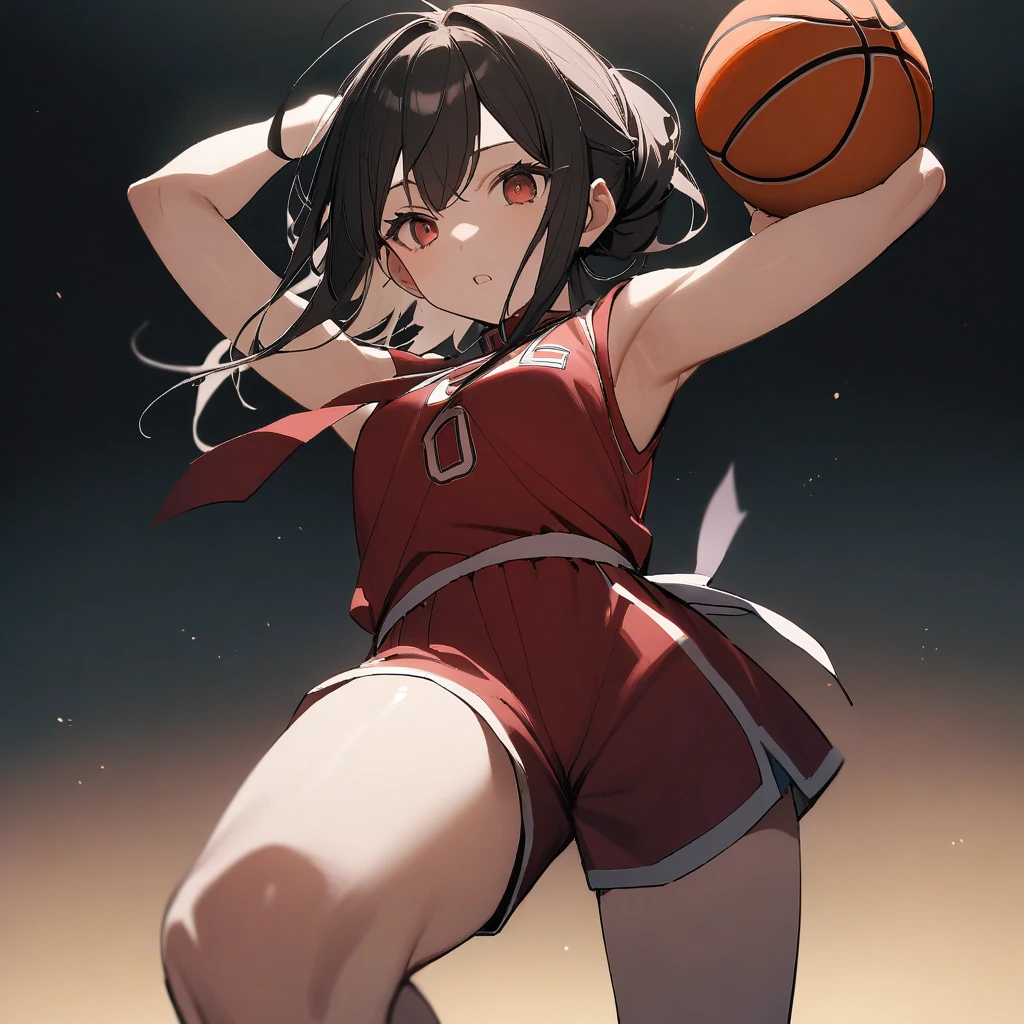 ((Highest quality)), ((masterpiece)), (detailed), ,slender. ((Rin doing leg stretches while sitting々Beautiful female basketball player)) small breasts Black Hair Long-haired ponytail ((A loose red sleeveless uniform)) Red shorts Leaning forward Open chest gym Sweat Groin