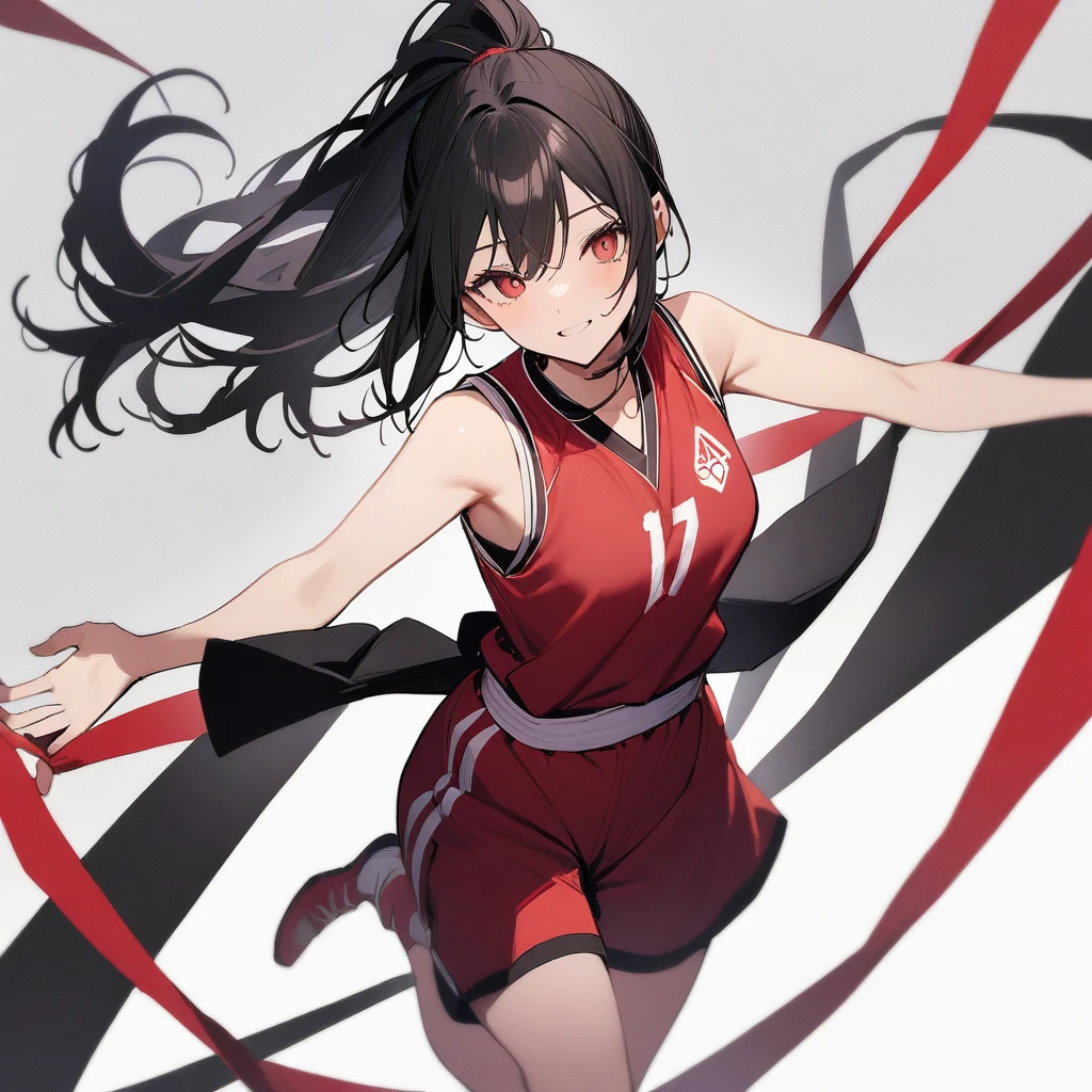 1 girl, red eyes, black hair with a red gradient on her hair, long hair with bangs, hair in a ponytail, dressed in school red sportswear, fishnet tights, standing in the school gym, running, flowing hair, doing sports, evil grin, sweat all over her body, gentle tones