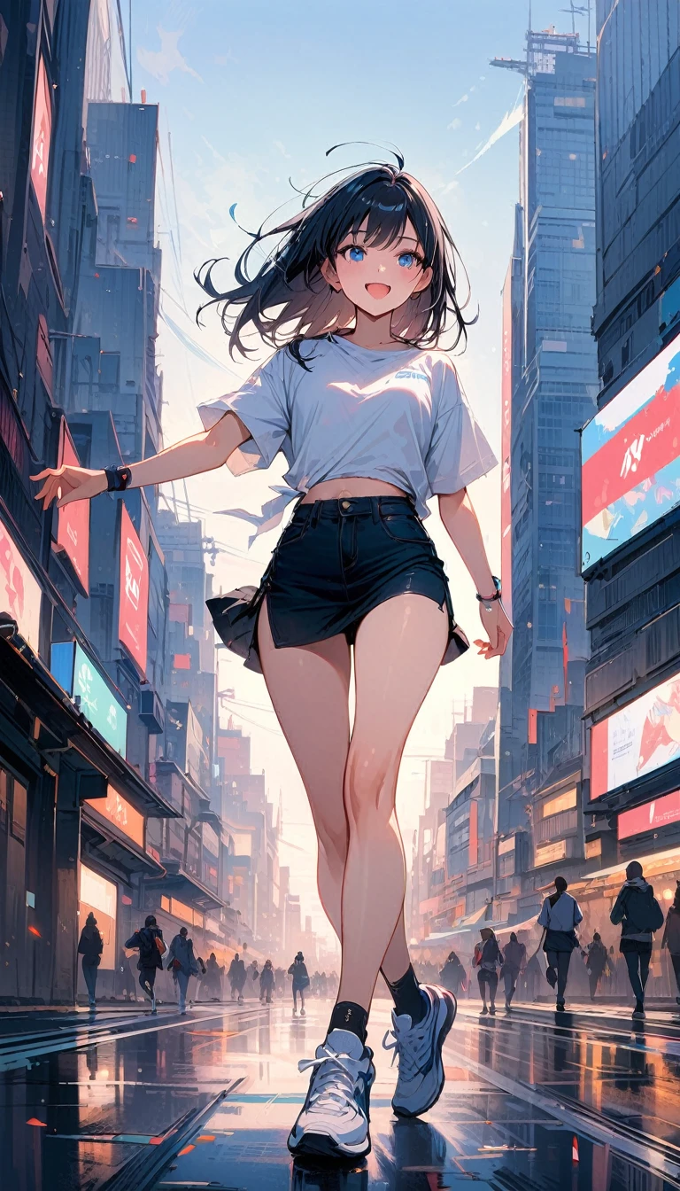 (masterpiece, best quality:1.2), very beautiful girl, alone, Tokyo,Billboard, tall building, happy expression, blue eyes, Accurate face, shirt, short skirt, running shoes, simple background, Nizi,