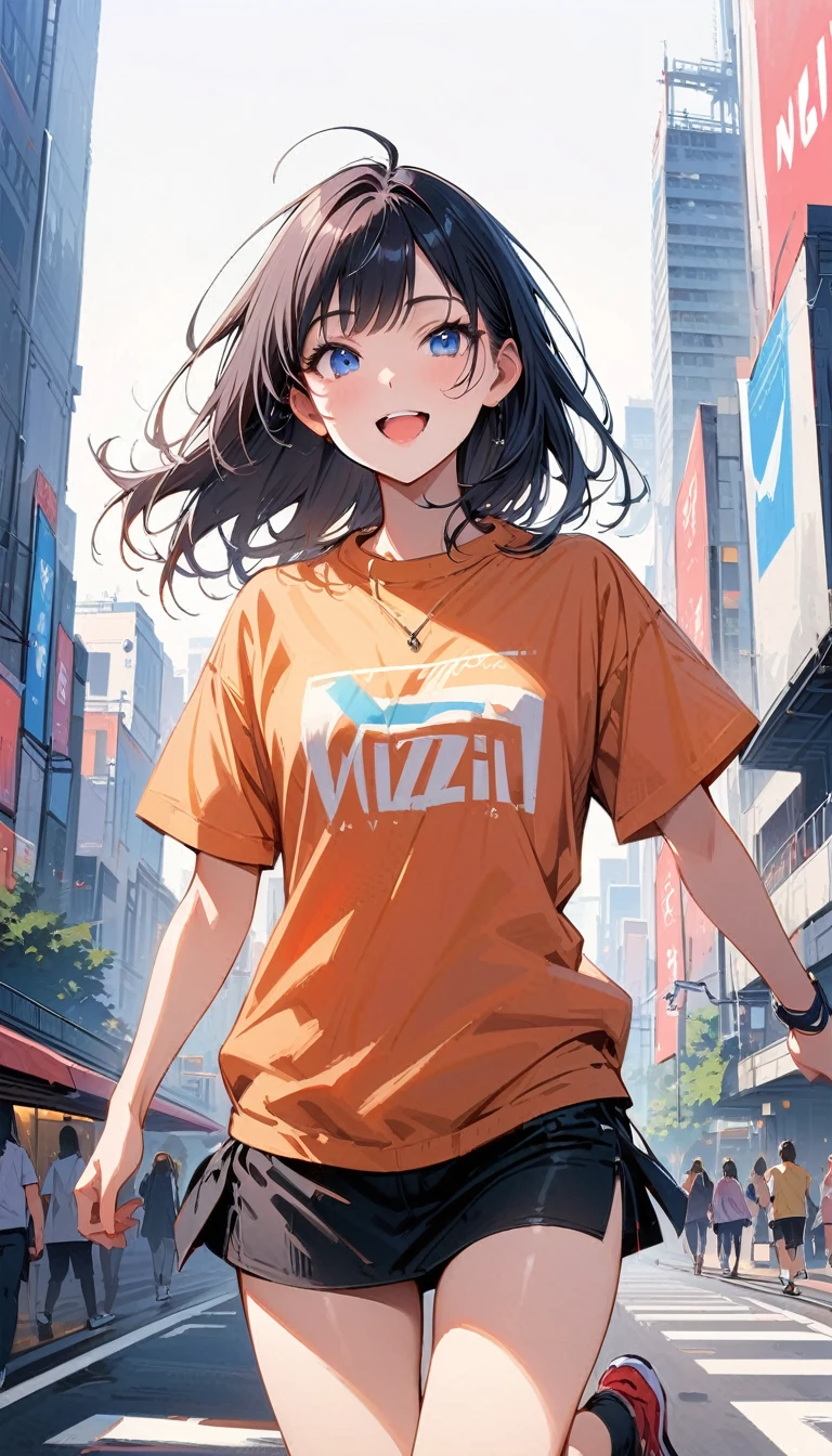 (masterpiece, best quality:1.2), very beautiful girl, alone, Tokyo,Billboard, tall building, happy expression, blue eyes, Accurate face, shirt, short skirt, running shoes, simple background, Nizi,