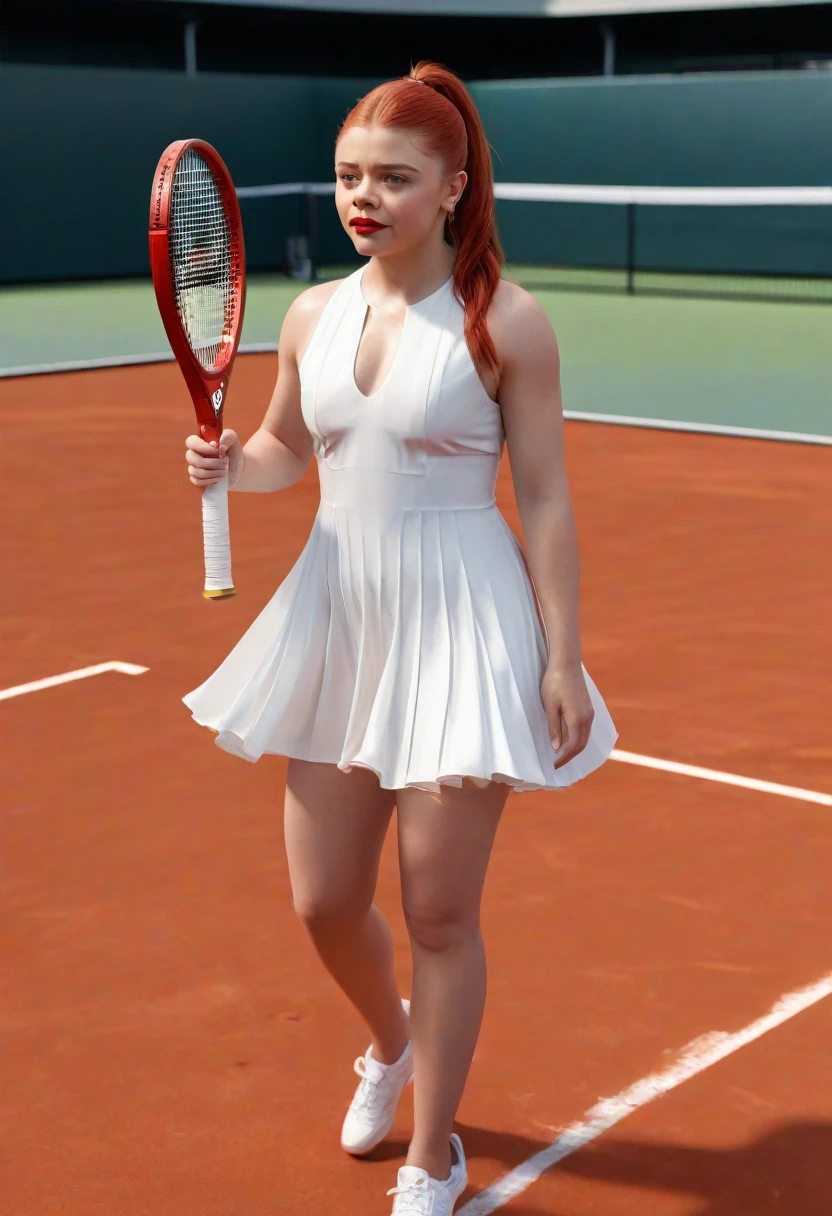 1girl, Chloe Moretz, white pleated silk tennis minidress by Addidas, sheer shiny shimmering silky tan pantyhose by L'eggs, 5 inch white high heeled stilettoes by Louis Vuitton, holding tennis racket, posing on tennis court at Authur Ashe Stadium, New York City in background, red lipstick, dangling earrings, fiery red hair in ponytail, stylish visor, best quality, 4k, 8k, highres, masterpiece, ultra-detailed, realistic, photorealistic, photo-realistic, hyper detailed, photorealistic, stunning, professional, masterpiece