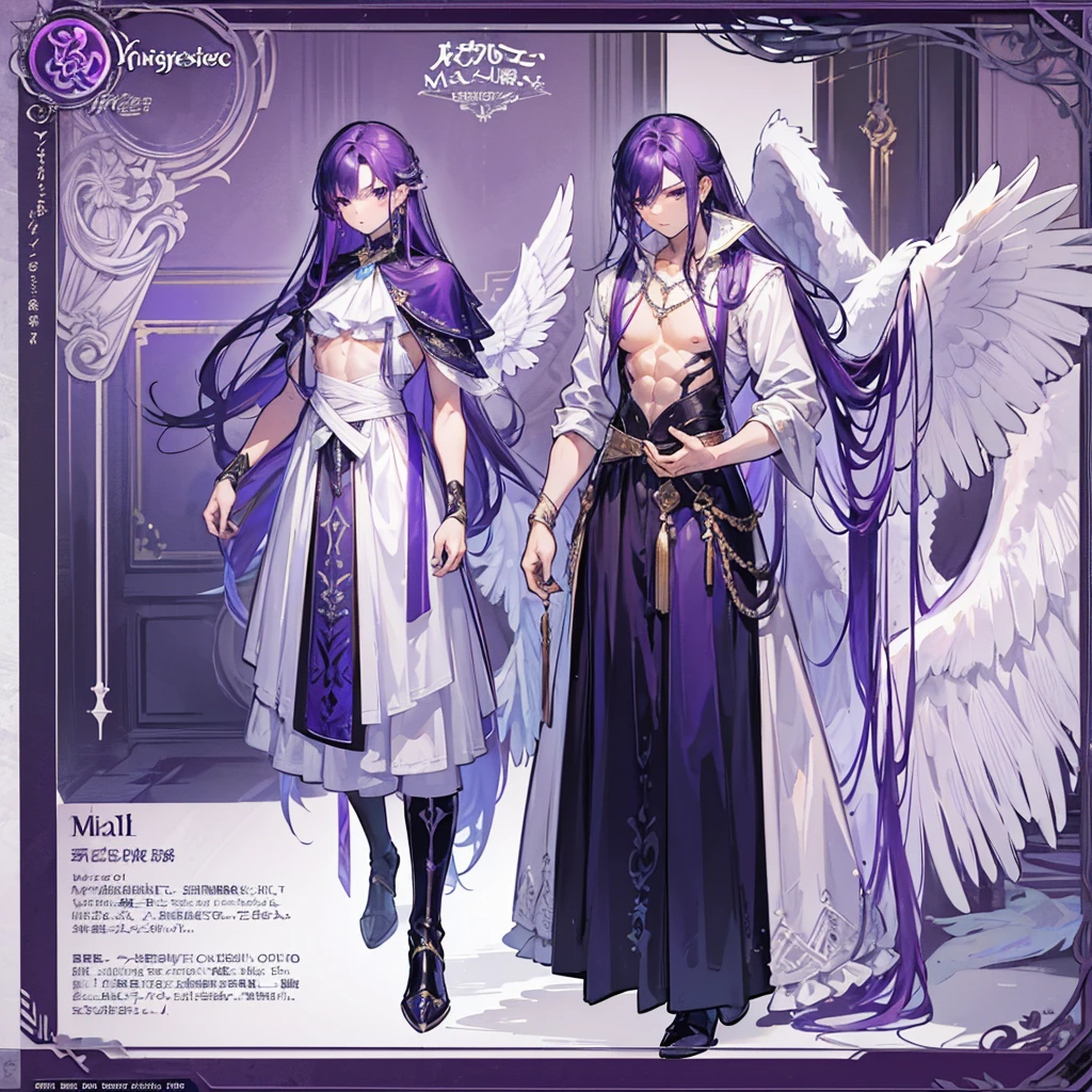 (Masterpiece, best quality), detailed, 1 man, ((character concept art)), ((character design sheet, same character, front, side, back)), full body, body complete, 1 Male angel, 1 Man angel, Detailed face, character design sheet,full bodyesbian, Highly detailed, character sheet, character design, Many parts, dark skin, angel wings, long ponytail purple hair, angel outfit, muscle male god, male clothes, masculine, muscle man, male muscle, manly, male angel, Muscle male with long ponytail purple hair,beautiful man, beautiful muscle man