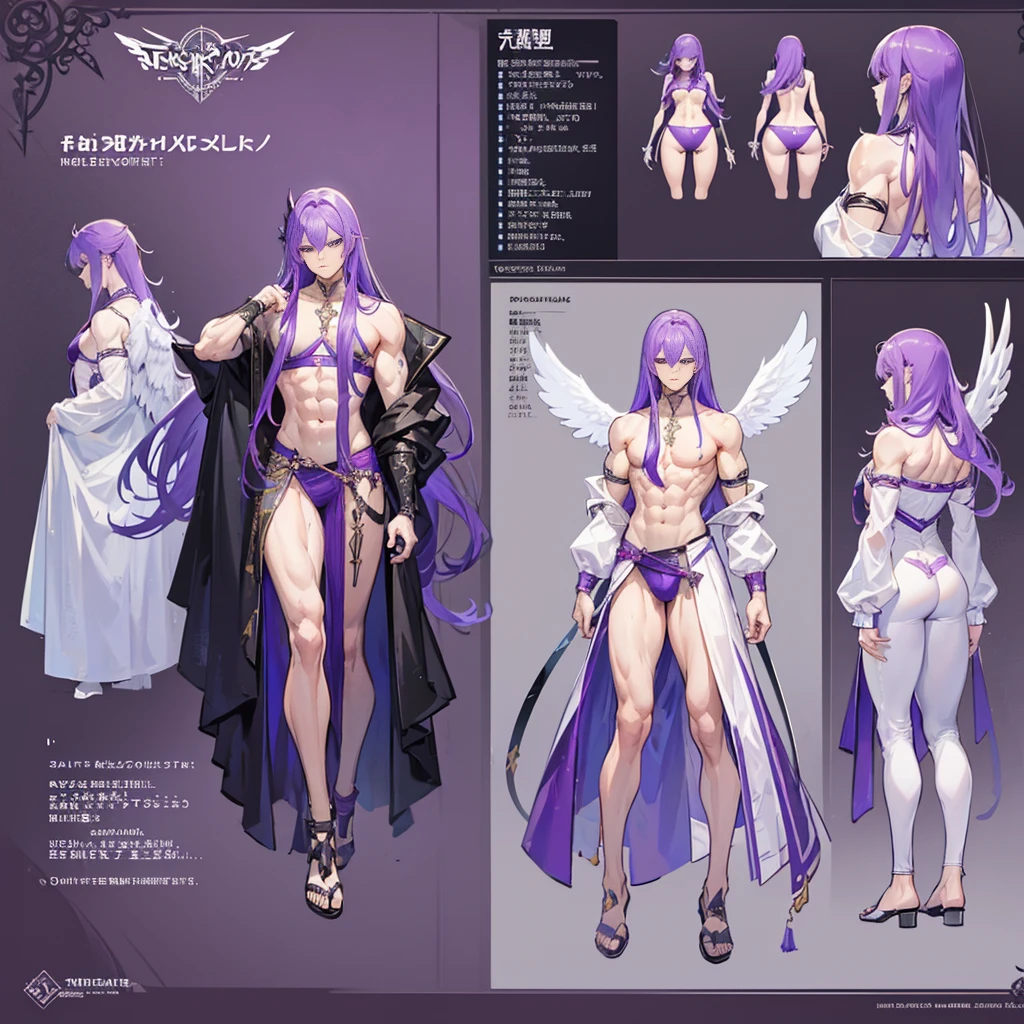 (Masterpiece, best quality), detailed, 1 man, ((character concept art)), ((character design sheet, same character, front, side, back)), full body, body complete, 1 Male angel, 1 Man angel, Detailed face, character design sheet，full bodyesbian, Highly detailed, character sheet, character design, Many parts, dark skin, angel wings, long purple hair, angel outfit, muscle male god, male clothes, masculine, muscle man, male muscle, manly, male angel, Muscle male with long long purple hair，beautiful man, beautiful muscle man, abs, pectoral muscle