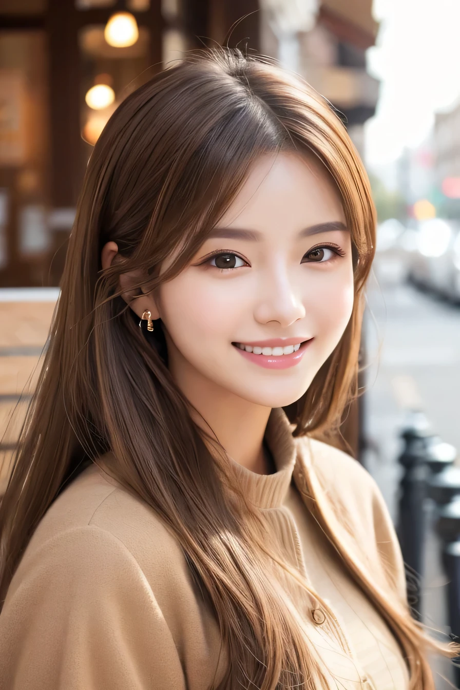 Light brown hair、Clear beauty、hairstyle semi long、coat、Ear piercing、、smile、Beautiful teeth alignment、Intricate details, Very detailed:1.2), 、 Looking into the camera、The background is a coffee shop