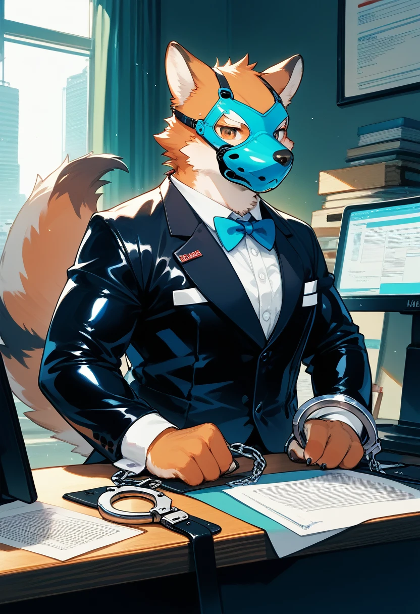 Highest quality, Highest quality, High quality illustrations, masterpiece, Ultra-high resolution, Detailed Background, office, Absurd, Perfect Anatomy, performance, Good lighting, Shadows in the movies(kemono, Furry Personifi猫ion), Rubber suit, latex, Tuxedo, Rubber Half Mask, Handcuffs
