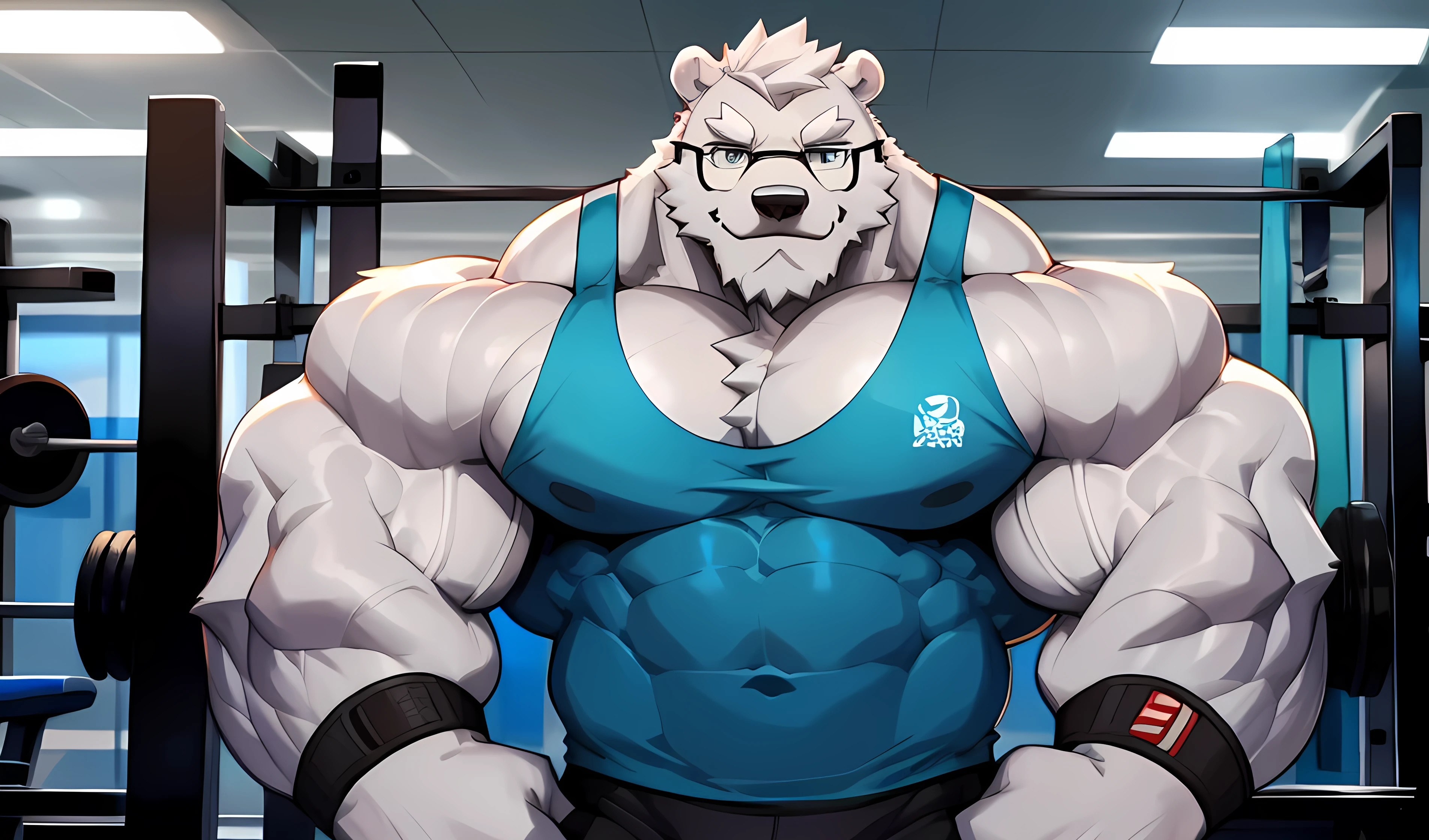 solo, 1boy, Huge Muscular White Polar Bear wearing glasses, huge white fur, pectoral, huge pectoral, wide pectoral, short white hair, blue colored short pants, blue colored wristbands and blue colored tank top, white bearded, white Mustache, white fur, dark grey eyebrows, gym fitness center background, masterpiece, high detailed, 8k, high resolution, at the gym, flexes huge thorax, looking at the viewer, acting all hunk