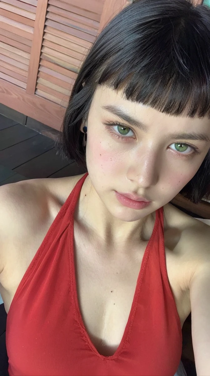 Teen boy pale silky soft black hair bangs above eyebrow light green eyes, with her little pink lips and small, thin potato nose, taking a photo looking at the camera with a red bikini and ultra good quality