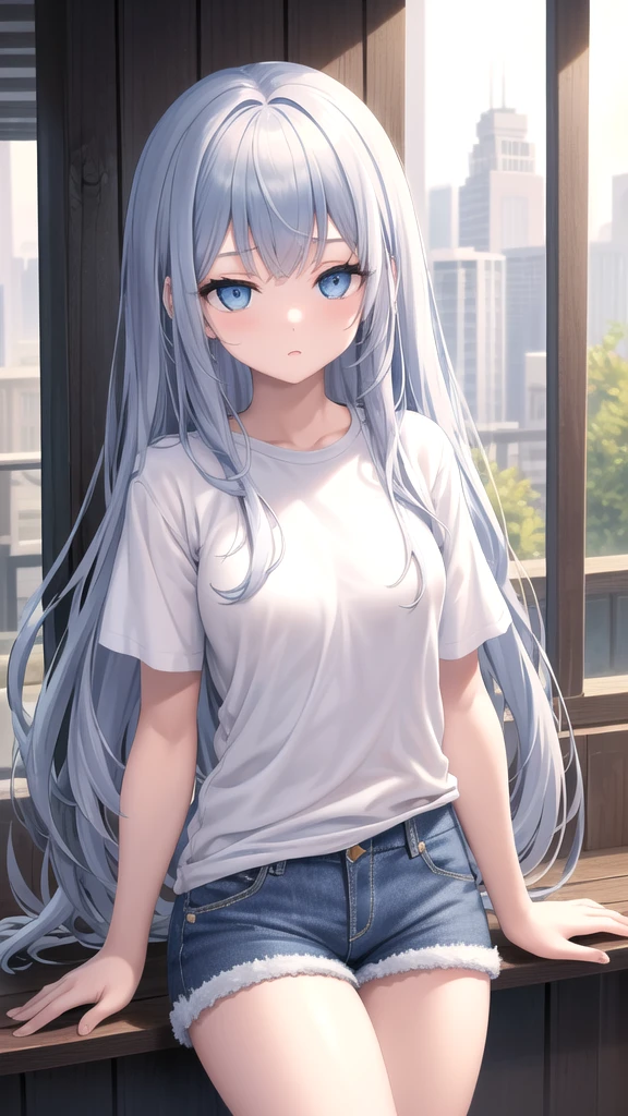 masterpiece, best quality, high quality, ,dark forsest, 1girl, solo, 16-year-old cold girl,female focus, looking at viewer , white long hair,white T-shirt ,blue jean mini shorts , blue eyes, dare sky