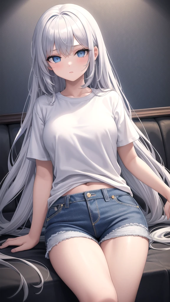 masterpiece, best quality, high quality, ,dark forsest, 1girl, solo, 16-year-old cold girl,female focus, looking at viewer , white long hair,white T-shirt ,blue jean  mini shorts , blue eyes, dare sky