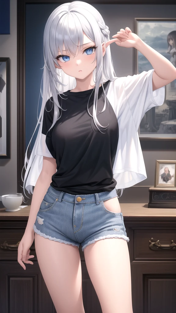 masterpiece, best quality, high quality, ,dark forsest, 1girl, solo, 16-year-old cold girl,female focus, looking at viewer , white long hair,white T-shirt ,blue jean  mini shorts , blue eyes, dare sky