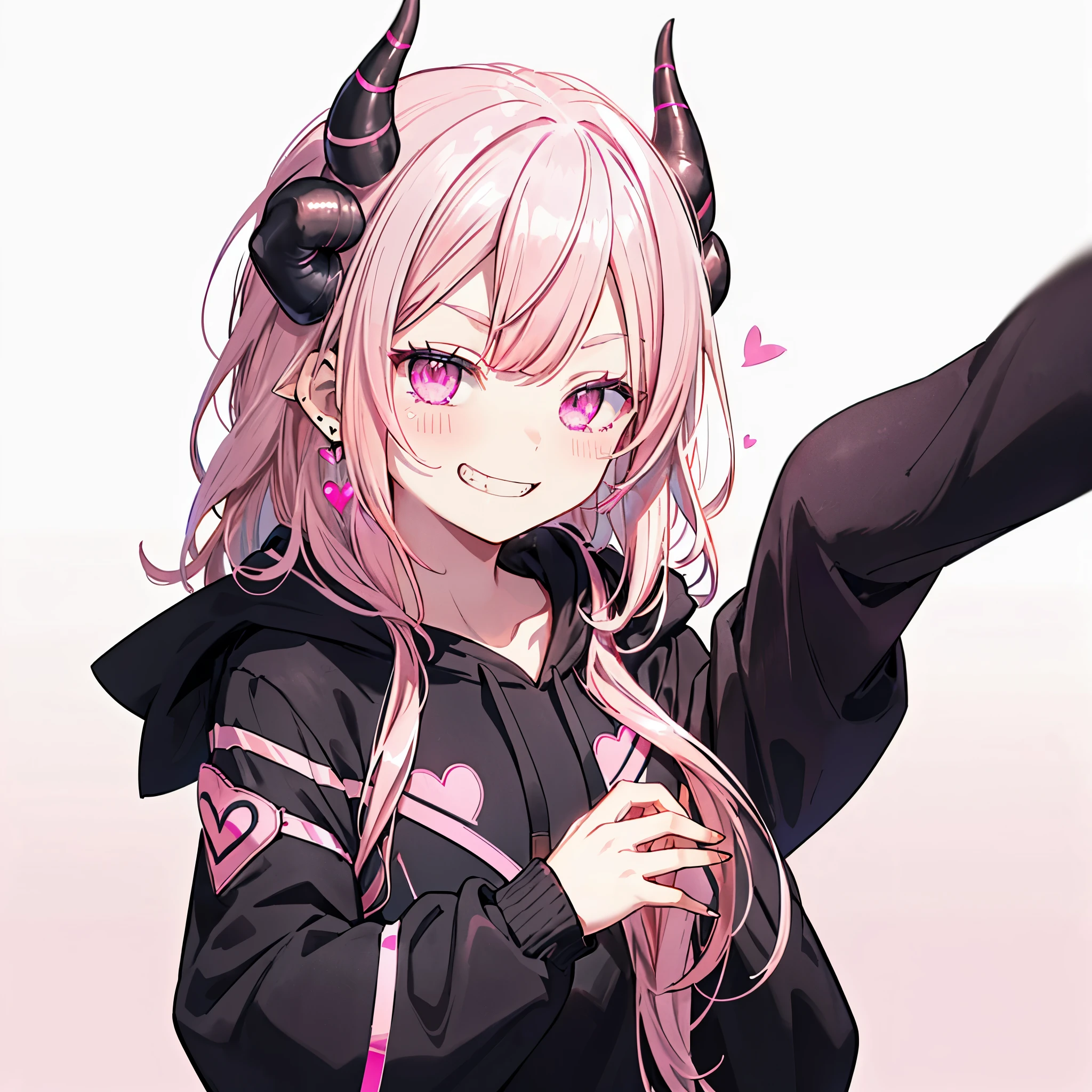 ((((Jagged　Open your mouth　Grin　Pink Background　shining heart))))　(((Black hoodie　Wearing a hood　Demon Horns　Heart Iris　Close-up　Pink Hair　Long Hair　Making a heart with both hands)))　((Shiny earrings　Small black ribbon))　Shining Edge　Shining Background
