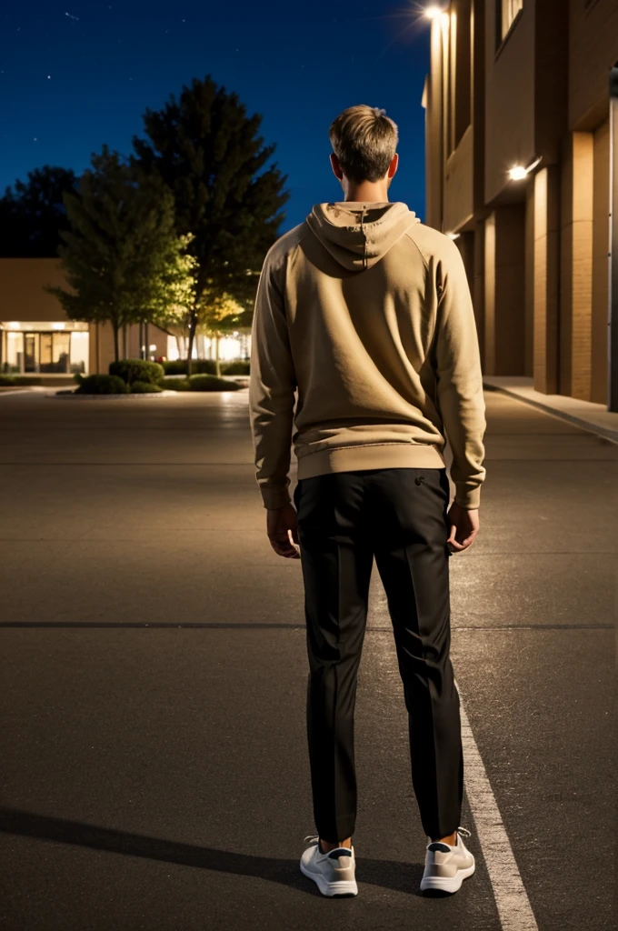 Photo in the parking lot of a plaza at night showing a slim light tan man, six feet tall, lean from behind, wearing black pants, a brown sweatshirt, and beige tennis shoes.