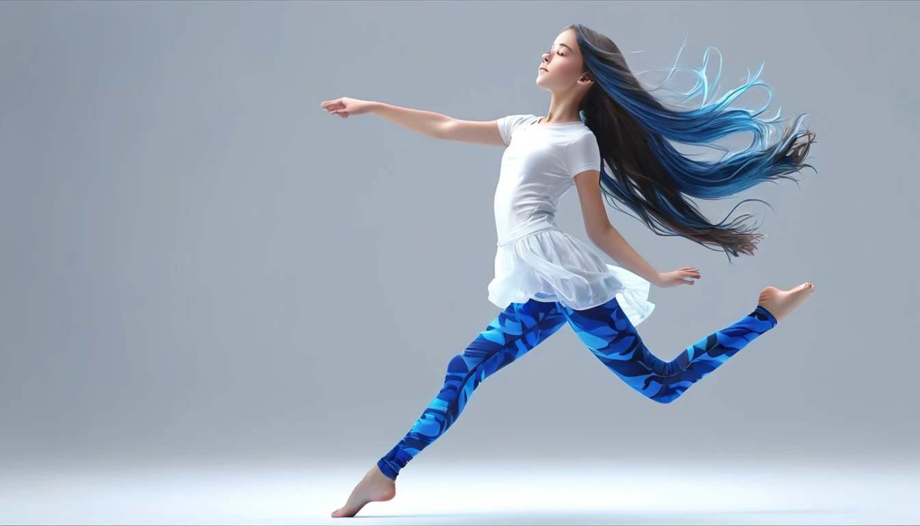 Young girl, , long hair and blue highlights, floating, standing with one leg bent and the other stretched, cover photo, realistic 3d animation style
