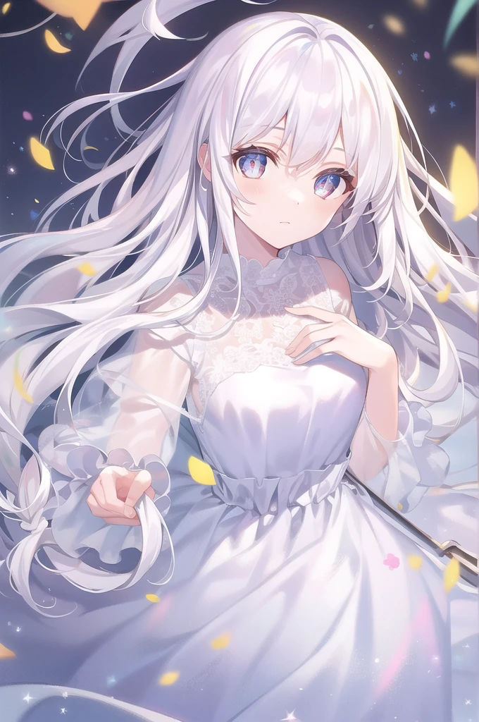 ((masterpiece, best quality))++, Detailed lighting+,  Detailed hair+, Detail hand+ ,1 girl, Miss, Long hair,   Crimson eyes,  beautiful eyes, young white hair,,(Beautiful white hair:1.5),(Beautiful and delicate eyes),  high resolution+,glass tint, Reflective eyes,   {{angle}} , Very detailed wallpaper, The original, Air bangs，Extremely beautiful CG，black worksuit，Firefly，Galaxy，Shattered like a mirror