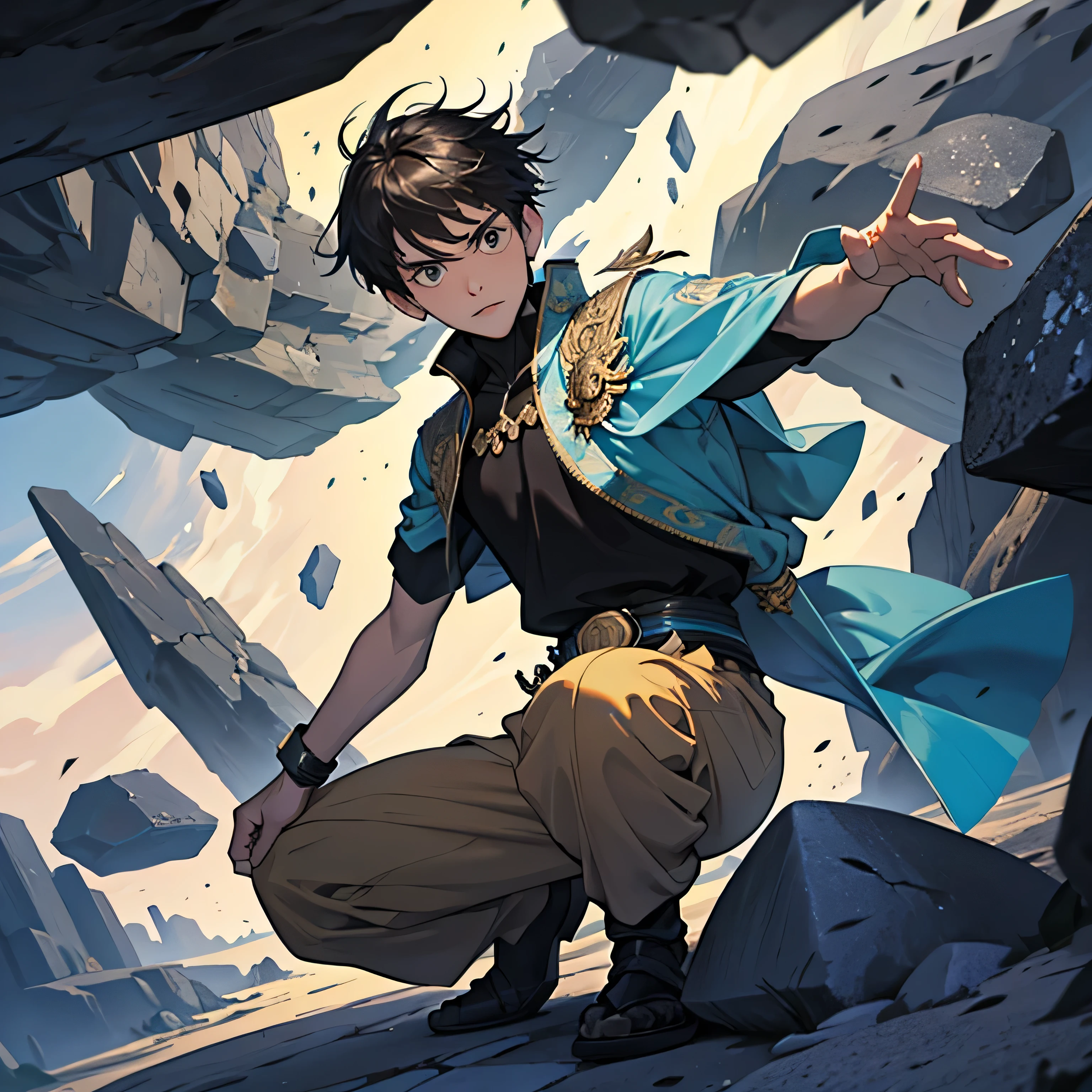 13 year old young man, controlling stones, floating stones, He is in a fighting pose with rocks on all sides.
