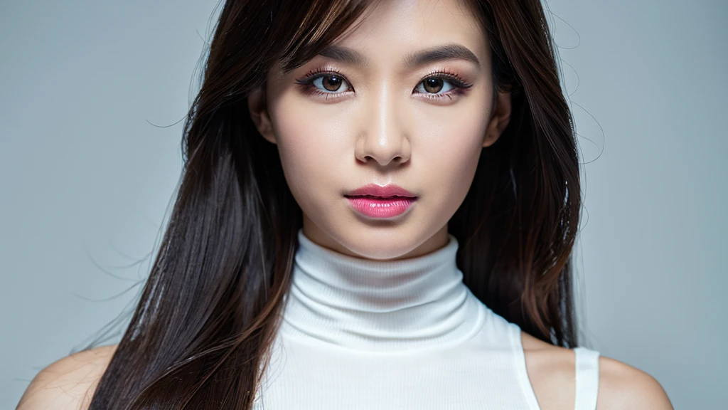(Detailed face),(vivid),(Silver Jewelry)Turtleneck sleeveless lightweight dress,4K,Ultra-high resolution,(Photorealistic:1.7),White Background,Black long hair,