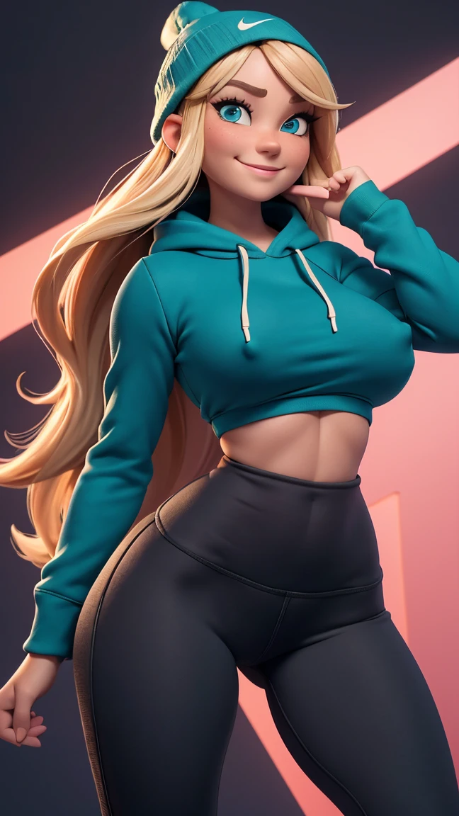  adult woman, cute, teal eyes, smile, stylized, cute smile, very long blonde hair, thin eyebrows, slight freckles, anatomically correct, masterpiece, best high quality, ultra details, ((top quality)), ((masterpiece)) (detailed), cinematic lighting, complex, high detail, sharp focus, huge breasts, Best proportions Four fingers and one thumb, adult, (27 years old), standing, athletic, thick thighs, slim waist, thin waist, soft waist, curvy, curved thighs, thick, wide buttocks, slightly muscular arms, big thighs, black beanie, yoga   pants , ( Nike Hoodie), skater woman, adult (( torn clothes cut open show peel nipples nike hoodle))