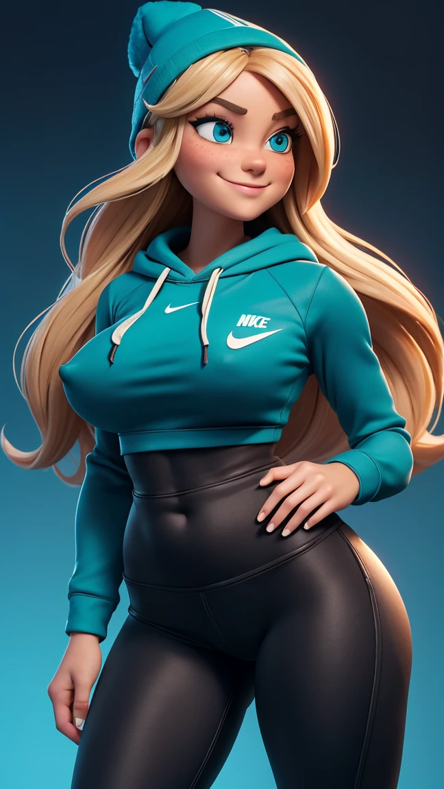 adult woman, cute, teal eyes, smile, stylized, cute smile, very long blonde hair, thin eyebrows, slight freckles, anatomically correct, masterpiece, best high quality, ultra details, ((top quality)), ((masterpiece)) (detailed), cinematic lighting, complex, high detail, sharp focus, huge breasts, Best proportions Four fingers and one thumb, adult, (27 years old), standing, athletic, thick thighs, slim waist, thin waist, soft waist, curvy, curved thighs, thick, wide buttocks, slightly muscular arms, big thighs, black beanie, yoga pants , ( Nike Hoodie), skater woman, adult (( torn clothes cut open show peel nipples nike hoodle))